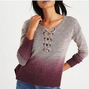 American Eagle Outfitters V-Neck Lace-Up Sweater - Pink Gradient, Size Small